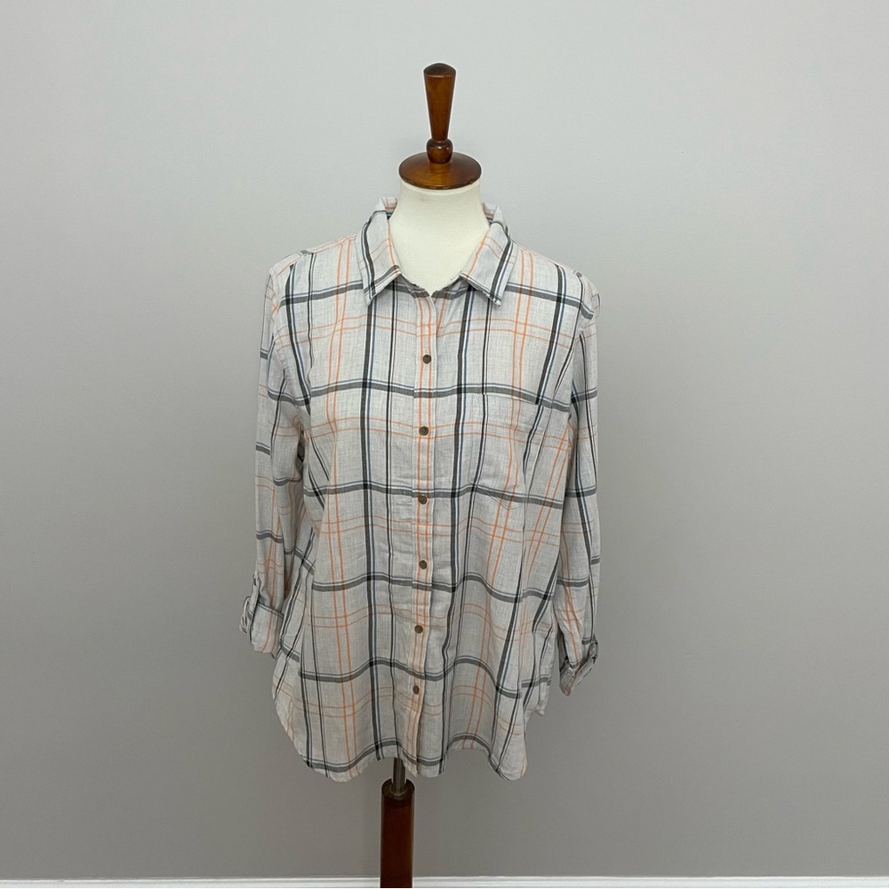 Prana Shirt Alfie Flannel Plaid Roll Tab Sleeves Organic Cotton Oatmeal Beige